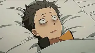 😨 Subaru Natsuki Re:Zero anime, scared, bed, exhausted, stressed telegram sticker