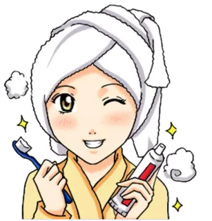 🛁 mujer, toalla, baño, cepillo de dientes, pasta de dientes, higiene, mañana whatsapp sticker