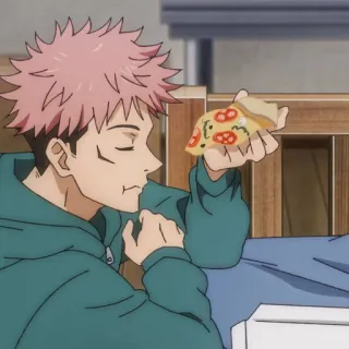 🕸 Yuji Itadori Jujutsu Kaisen anime, pink hair, eating, pizza, character, cartoon telegram sticker