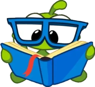 🤓 Om Nom Cut the Rope verde, mostro, lettura, libro, occhiali, cartone animato telegram sticker