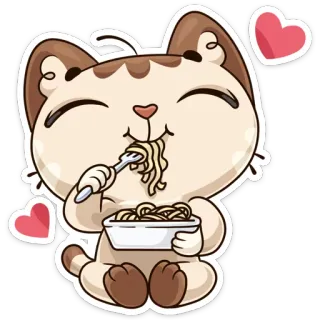 🍜 chat, nouilles, nourriture, mignon, coeurs, manger, dessin animé telegram sticker