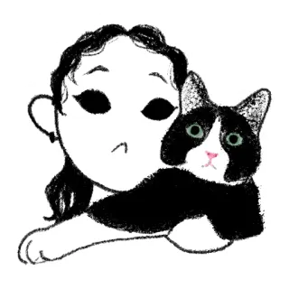 🙁 donna, gatto, bianco e nero, ritratto, animale domestico, cartone animato telegram sticker