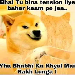 🙂 Doge Bhai Tu bina tension liye bahar kaam pe jaa.. Yha Bhabhi Ka Khyal Mai Rakh Lunga ! doge, meme, funny, dog, hindi, humor telegram sticker