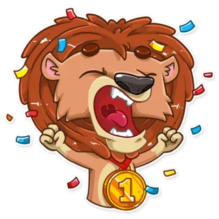 🥇 Löwe, Medaille, Nummer Eins, Feier, Gewinner, Erfolg, Konfetti, Leistung telegram sticker