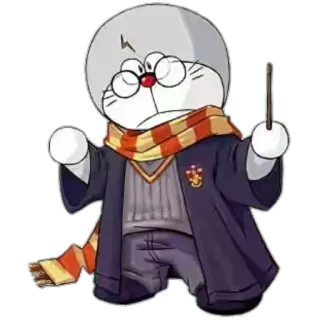☄ Doraemon Harry Potter Doraemon, Harry Potter, Zauberer, Schal, Zauberstab, Mashup, Cartoon whatsapp sticker