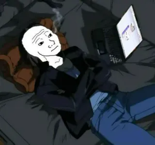 😕 Wojak meme, wojak, smoking, laptop, lonely telegram sticker