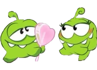 ❤️ Om Nom verde, mostro, caramella, lecca-lecca, carino, cuore, coppia telegram sticker