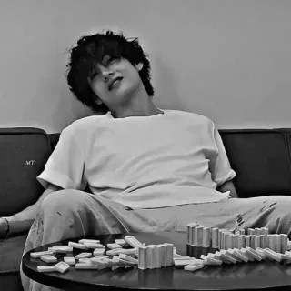 🧊 person, man, sitting, table, playing, dominoes, black and white, casual wear telegram sticker