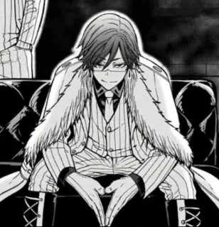 😎 Anime, Manga, Hombre, Gafas, Abrigo de piel, Sentado telegram sticker