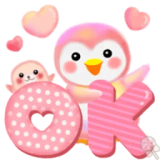 💕 OK ペンギン, かわいい, ピンク, ハート, ドーナツ, OK, ステッカー telegram sticker