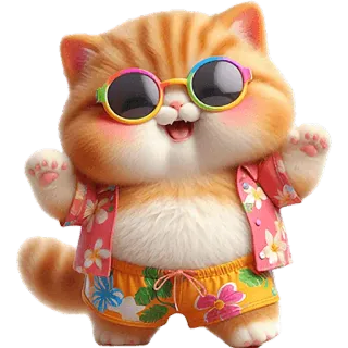 🕺 mèo, kính râm, hoa, bãi biển, mùa hè, phim hoạt hình, vui vẻ, động vật telegram sticker