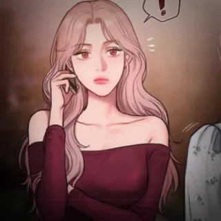 👙 Frau, Cartoon, pinke Haare, rotes Kleid, Handy telegram sticker