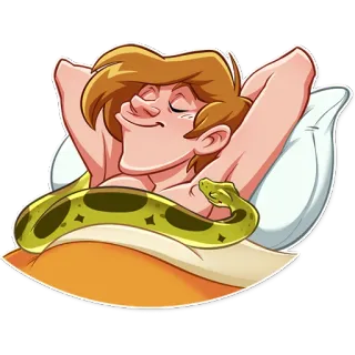 😴 cobra, homem, cama, sono, travesseiro, réptil telegram sticker