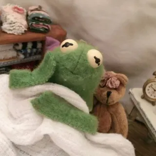 😐 Kermit frog, puppet, bed, sleep, toy, plush, muppet, kermit the frog telegram sticker