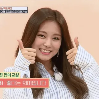 👍 스팩트체크
다현 표정만으로 대화 가능
간 언어 교실
): 좋다는 의미입니다 korean, text, k-pop, smile, thumbs up, translation, positive, happy telegram sticker