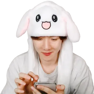 😊 personne, mignon, lapin, chapeau, selfie, souriant, téléphone whatsapp sticker