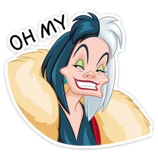 ☺️ Cruella de Vil 101 Dalmatians OH MY Disney, Cruella de Vil, villano, 101 dálmatas, dibujos animados, película, personaje, pegatina whatsapp sticker