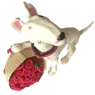 💐 dog, bull terrier, animal, roses, bouquet, clay, sculpture telegram sticker