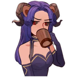 ☕️ Anime, Cuernos de carnero, Demonio, Bebiendo, Pelo azul telegram sticker