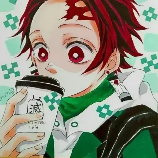 🍃 Tanjiro Kamado Demon Slayer 滅, KIMETSU Cafe Anime, Demon Slayer, Tanjiro, Café, Japonés, Manga, Café whatsapp sticker
