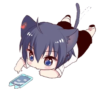 📱 Anime, Oreilles de chat, Téléphone, Chibi, Mignon, Kawaii, Couché, Garçon animé telegram sticker