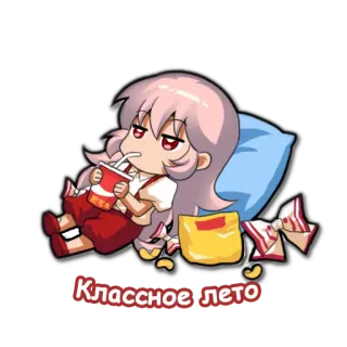 😪 Классное лето อนิเมะ, จิบิ, ฤดูร้อน, ผู้หญิง, น่ารัก, ผ่อนคลาย, เครื่องดื่ม telegram sticker