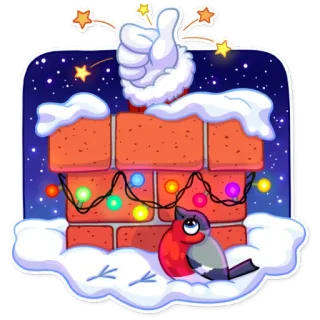 👍 pájaro, chimenea, pulgar arriba, invierno, nieve, luces de navidad telegram sticker