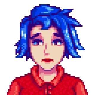 😢 Abigail Stardew Valley pixel art, videojuego, personaje, pelo azul, retrato telegram sticker