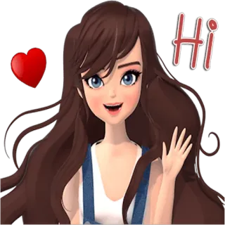 🖐 Hi desenho animado, menina, oi, olá, saudação, coração, aceno telegram sticker