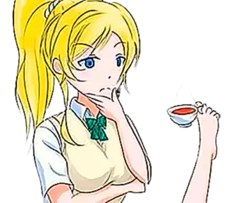 🤔 Ragazza anime, Tè, Pensando, Carina, Capelli biondi, Coda di cavallo whatsapp sticker