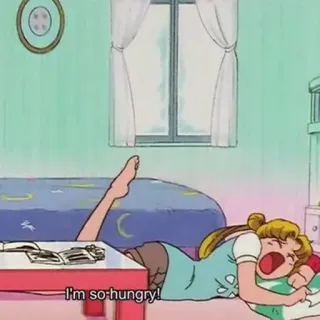 🤰 I'm so hungry! anime, lapar, menguap, kamar tidur whatsapp sticker