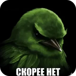 🐦‍⬛️ СКОРЕЕ НЕТ angry bird, green bird, grumpy, scowling, no, disagreement, refusal, meme, dark background telegram sticker