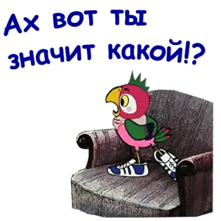 😜 Ах вот ты значит какой!? loro, silla, dibujo animado, pájaro, ruso whatsapp sticker