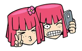 😋 Dessin animé, Fille, Selfie, Signe de paix, Taches de rousseur, Cheveux roses, Fleur whatsapp sticker
