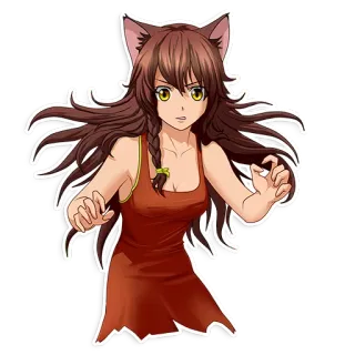 🐱 gadis anime, telinga kucing, rambut cokelat, mata kuning, kartun whatsapp sticker