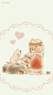 😻 gato, lindo, corazón, corona de flores, dibujos animados, obra de arte, ilustración telegram sticker