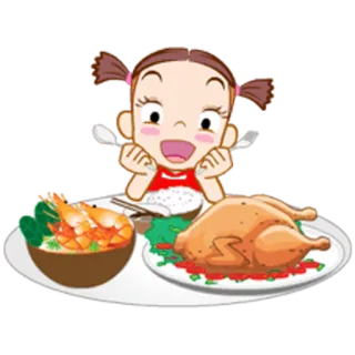 🍽 essen, mädchen, abendessen, garnele, hähnchen, niedlich, cartoon telegram sticker
