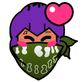 🥰 naklejka, kreskówka, postać, bandana, serce, fioletowe włosy, maska telegram sticker