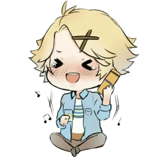 🤣 anime, dibujos animados, pelo rubio, bebida, notas musicales, chibi telegram sticker