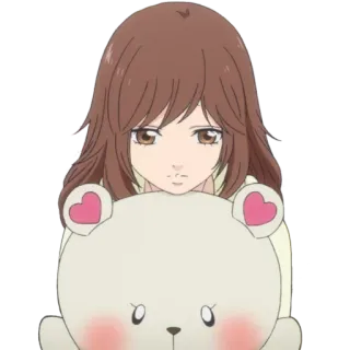 😔 Anime, Chica, Triste, Lindo, Oso de peluche, Corazones, Ilustración telegram sticker