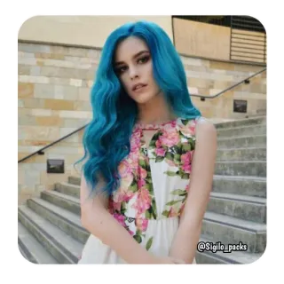 🦋 @Sigilo_packs femme, cheveux bleus, robe à fleurs, escalier, mode whatsapp sticker