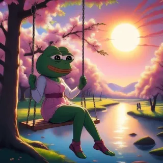 🌟 Pepe the Frog pepe, rana, kawaii, altalena, rosa, fiori di ciliegio, anime telegram sticker