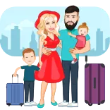 ✈️ family, travel, cartoon, vacation, illustration, luggage, cityscape, happy telegram sticker