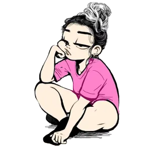 😞 fille, assise, ennuyée, pensive, dessin animé, chemise rose telegram sticker