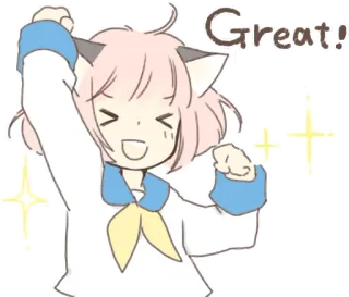 ✊ Great! Anime, Garota, Kawaii, Fofo, Adesivo, Orelhas de gato, Feliz telegram sticker
