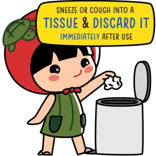 🤧 SNEEZE OR COUGH INTO A TISSUE & DISCARD IT IMMEDIATELY AFTER USE hygiène, éternuement, toux, mouchoir, jeter, santé, dessin animé telegram sticker