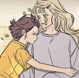 📱 cartone animato, abbraccio, madre, bambino, vita quotidiana, maschera cetriolo, cura della pelle telegram sticker