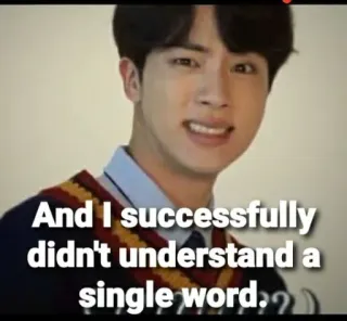 🙂 Jin And I successfully didn't understand a single word. ?? kpop, bts, meme, successo, lingua whatsapp sticker
