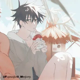 💠 @Fushiguro_Megumi anime, character, summer, beach, drink, leisure telegram sticker