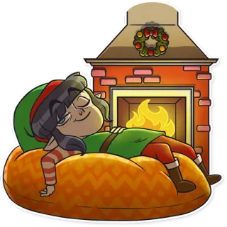 😌 elfo, natal, lareira, desenho animado, feriados, dormindo telegram sticker
